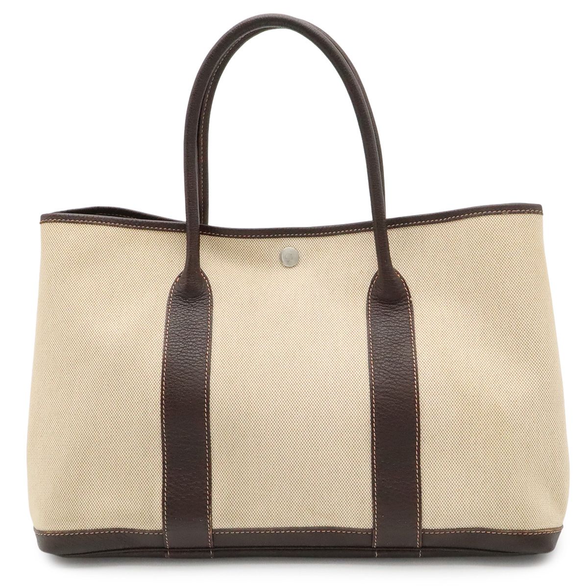 Hermes Garden Party PM Tote Shoulder Bag Toile Ash Leather Natural Ivory Brown
