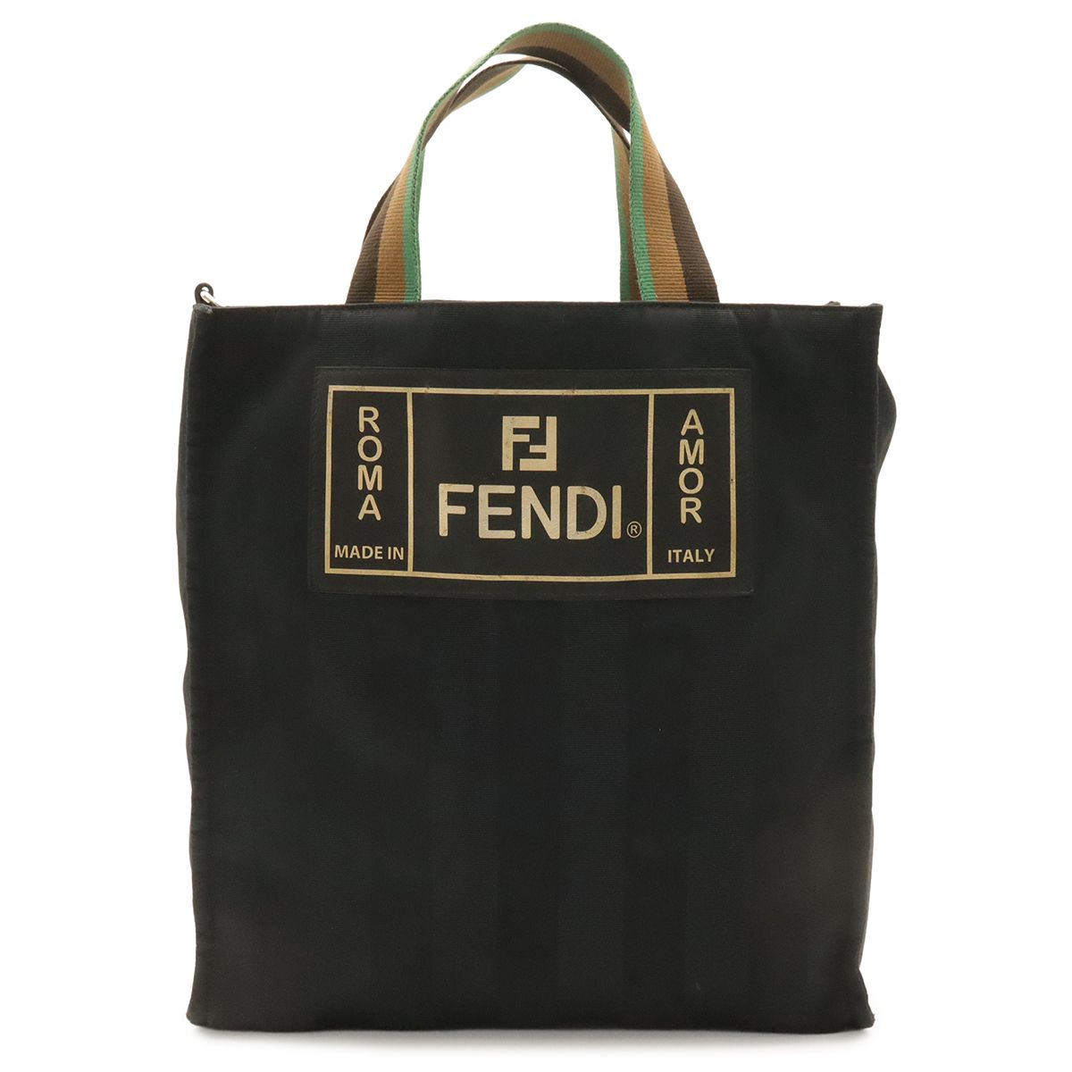 Fendi Logo Pecan Tote Shoulder Bag Nylon Black Gold Tricolor
