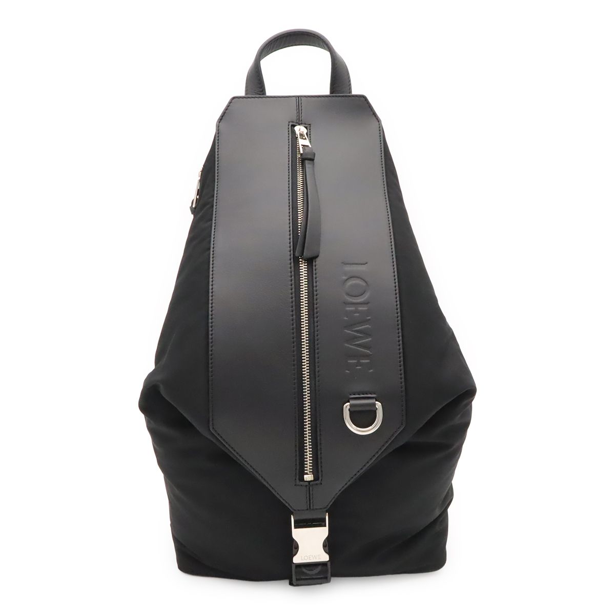 Loewe Convertible Backpack Small Shoulder Bag Nylon Leather Black Silver