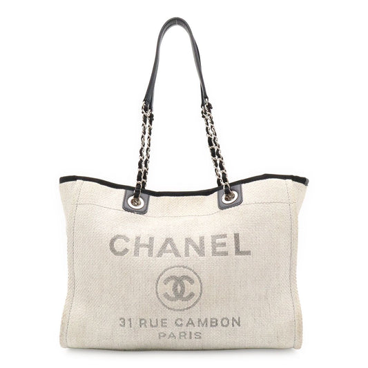 Chanel Deauville Line Tote MM Shoulder Bag Chain Raffia Light Gray Black
