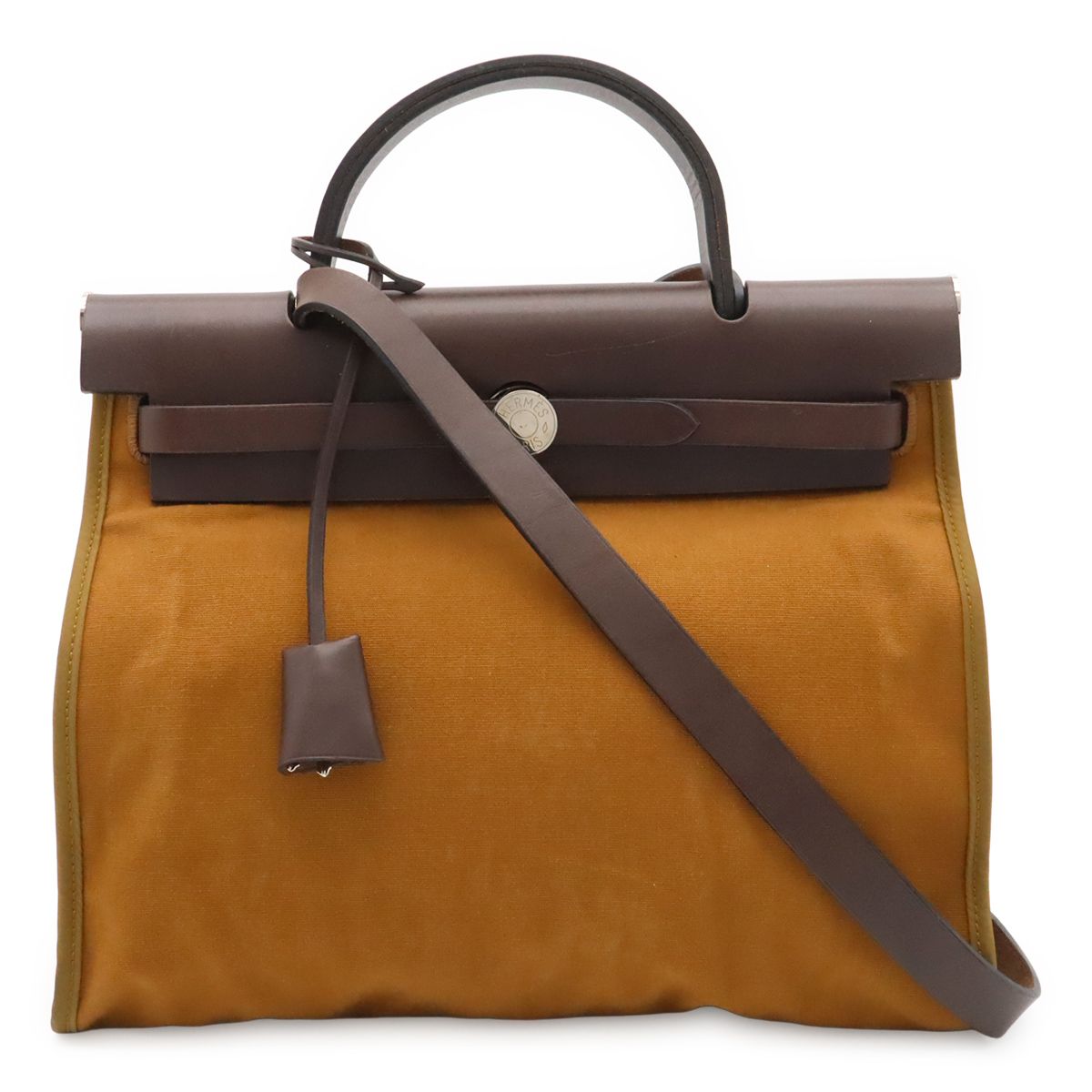 Hermes Herbag Zip PM 2-Way Shoulder Bag Toile Officier Light Brown Dark Pouch