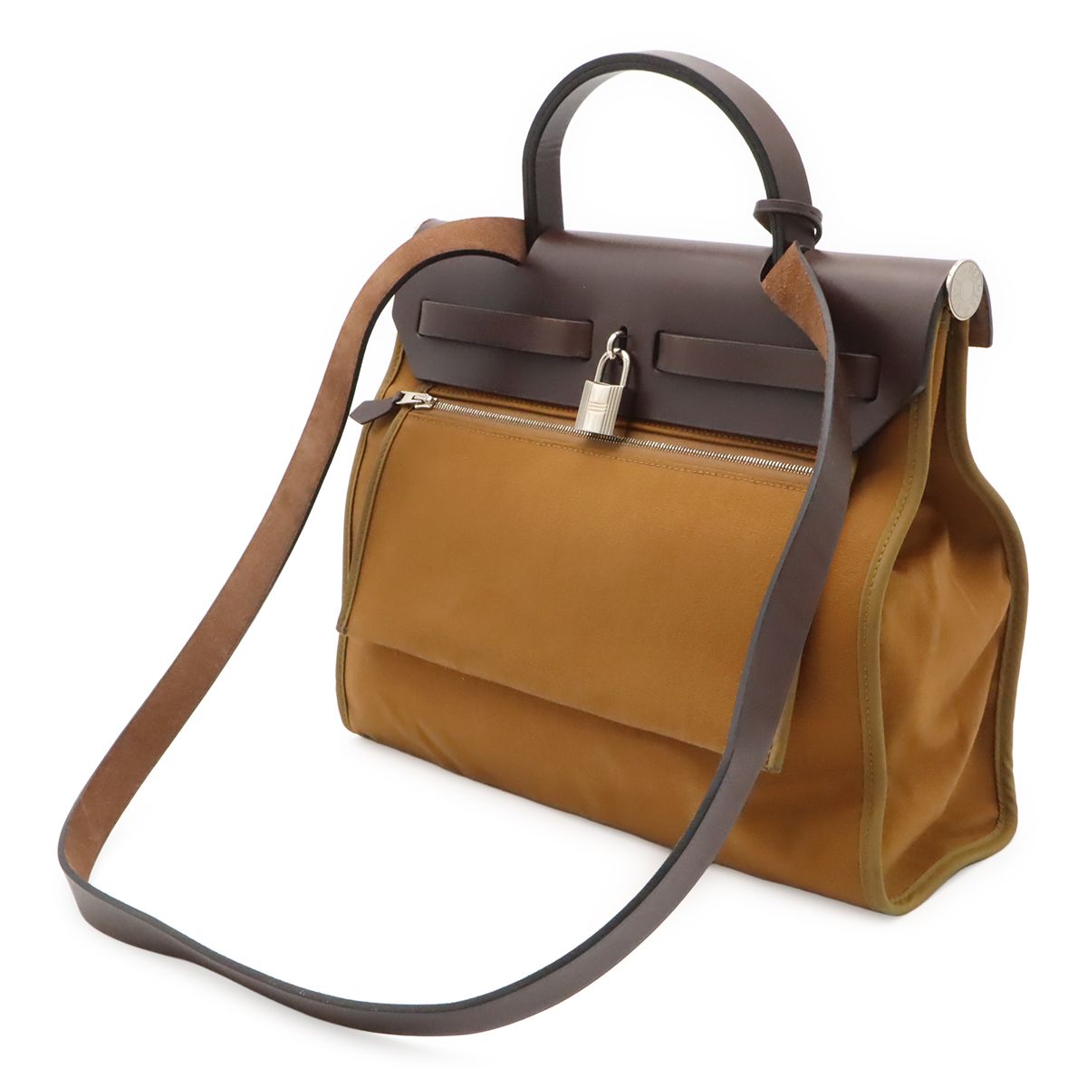 Hermes Herbag Zip PM 2-Way Shoulder Bag Toile Officier Light Brown Dark Pouch — view 2