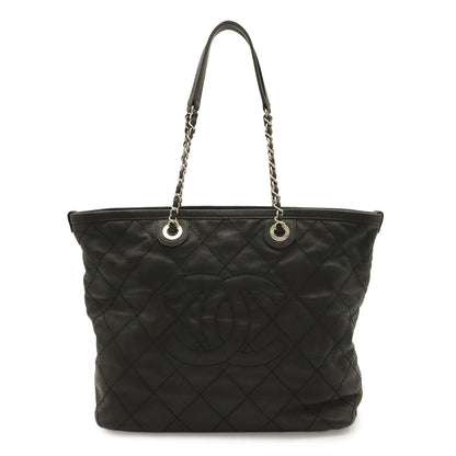 Chanel Quilted CC Logo Chain Tote Shoulder Bag Caviar Leather Black Silver