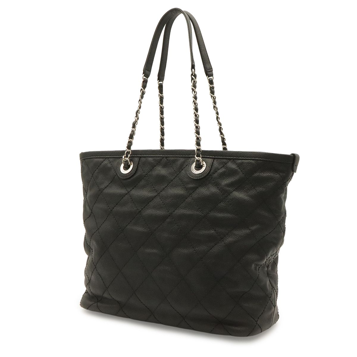 Chanel Quilted CC Logo Chain Tote Shoulder Bag Caviar Leather Black Silver — view 2
