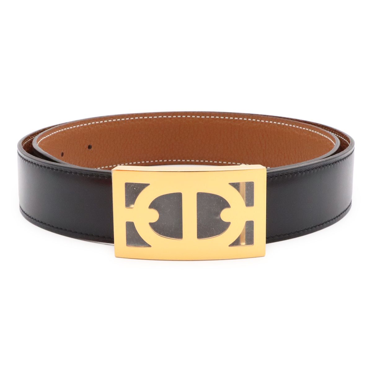 Hermes Chaine D'Ancre Reversible Belt Leather Black Brown Gold 85