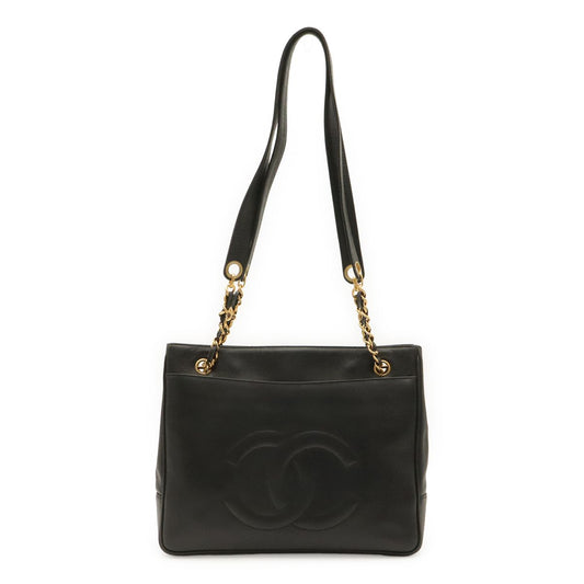 Chanel CC Logo Chain Tote Shoulder Bag Caviar Leather Black Gold