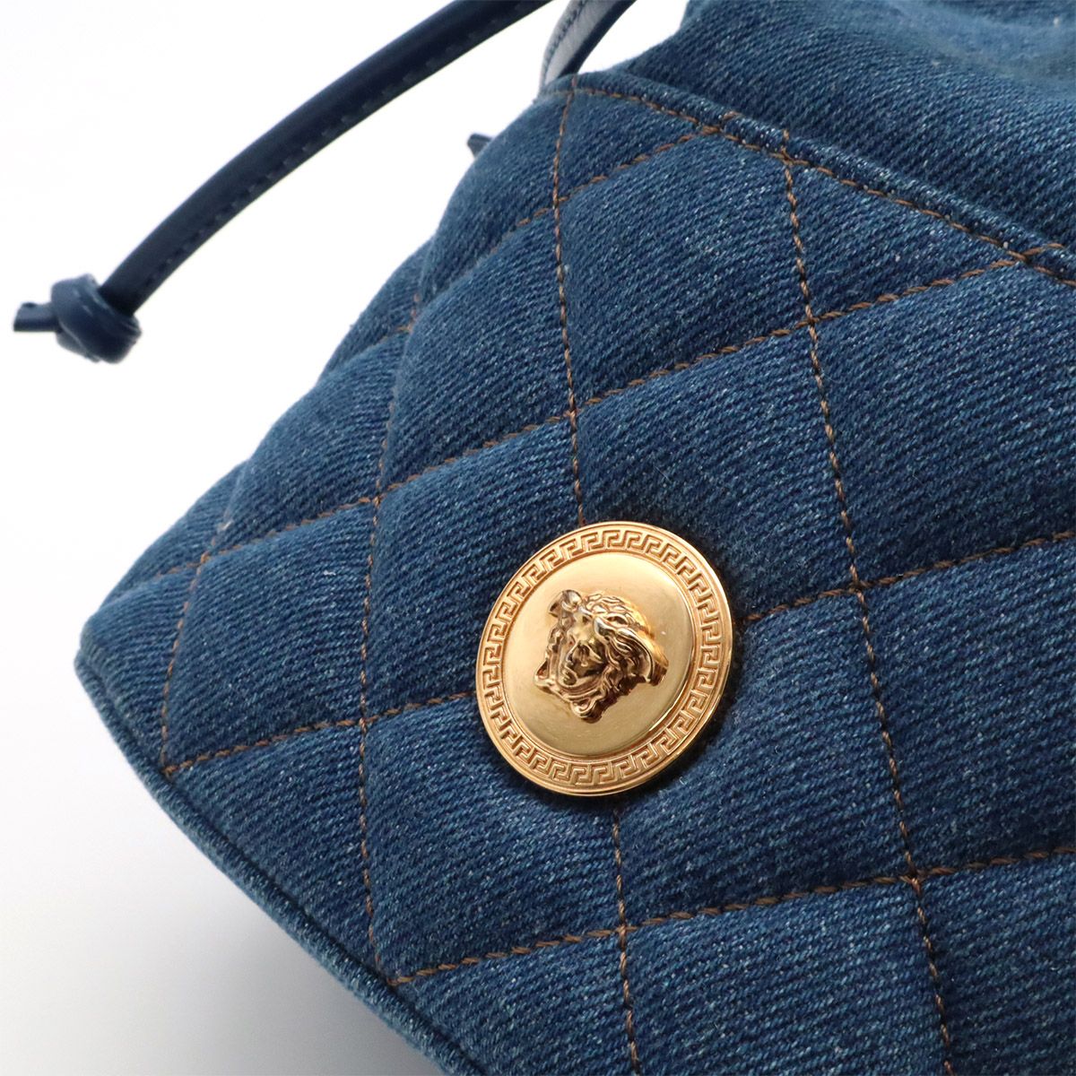 Versace Medusa Denim Drawstring Shoulder Bag 2-Way Blue Gold — view 6