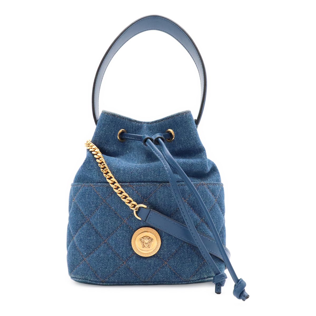 Versace Medusa Denim Drawstring Shoulder Bag 2-Way Blue Gold