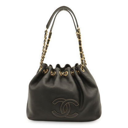 Chanel CC Logo Chain Shoulder Bag Drawstring Caviar Leather Black Gold
