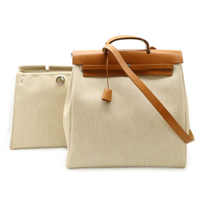 Hermes Herbag MM 2-Way Shoulder Bag Toile Ash Leather Natural Camel Silver