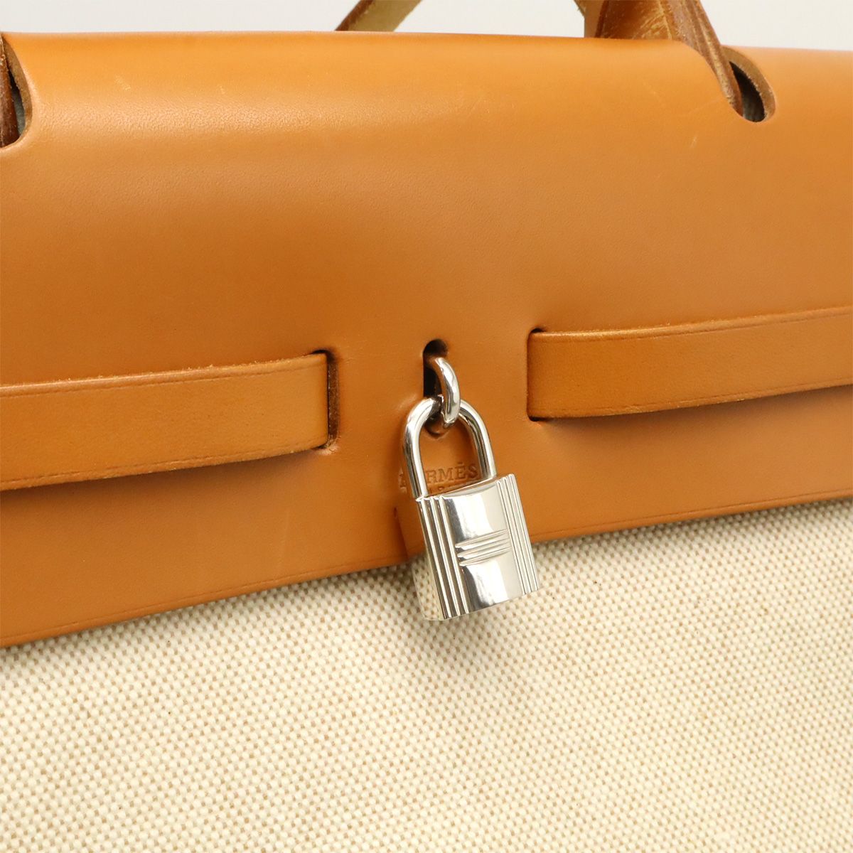 Hermes Herbag MM 2-Way Shoulder Bag Toile Ash Leather Natural Camel Silver — view 6