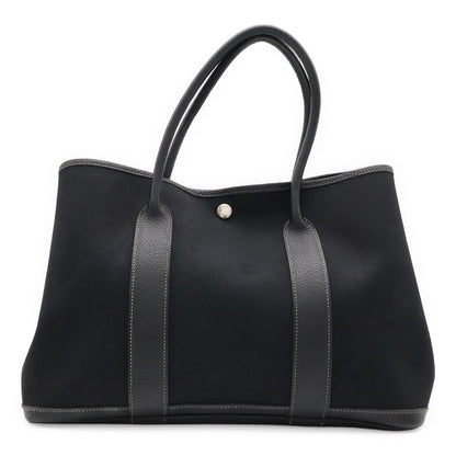 Hermes Garden Party PM Tote Shoulder Bag Toile Officier Leather Black