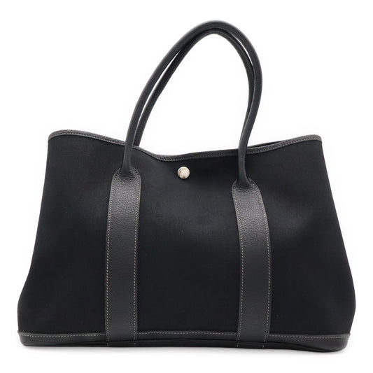 Hermes Garden Party PM Tote Shoulder Bag Toile Officier Leather Black