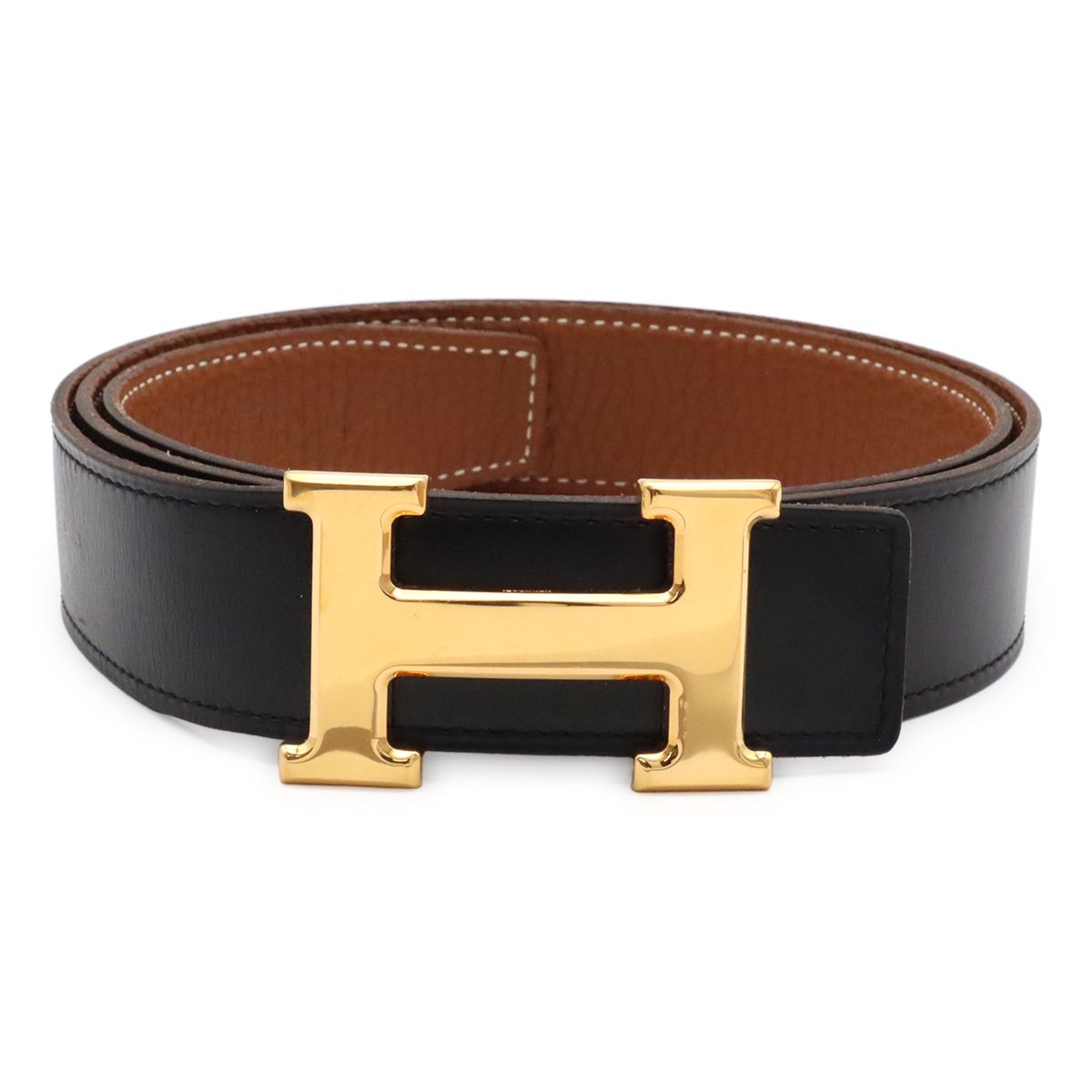 Hermes Belt Buckle Reversible Box Calf Taurillon Clemence Black Gold Brown 95