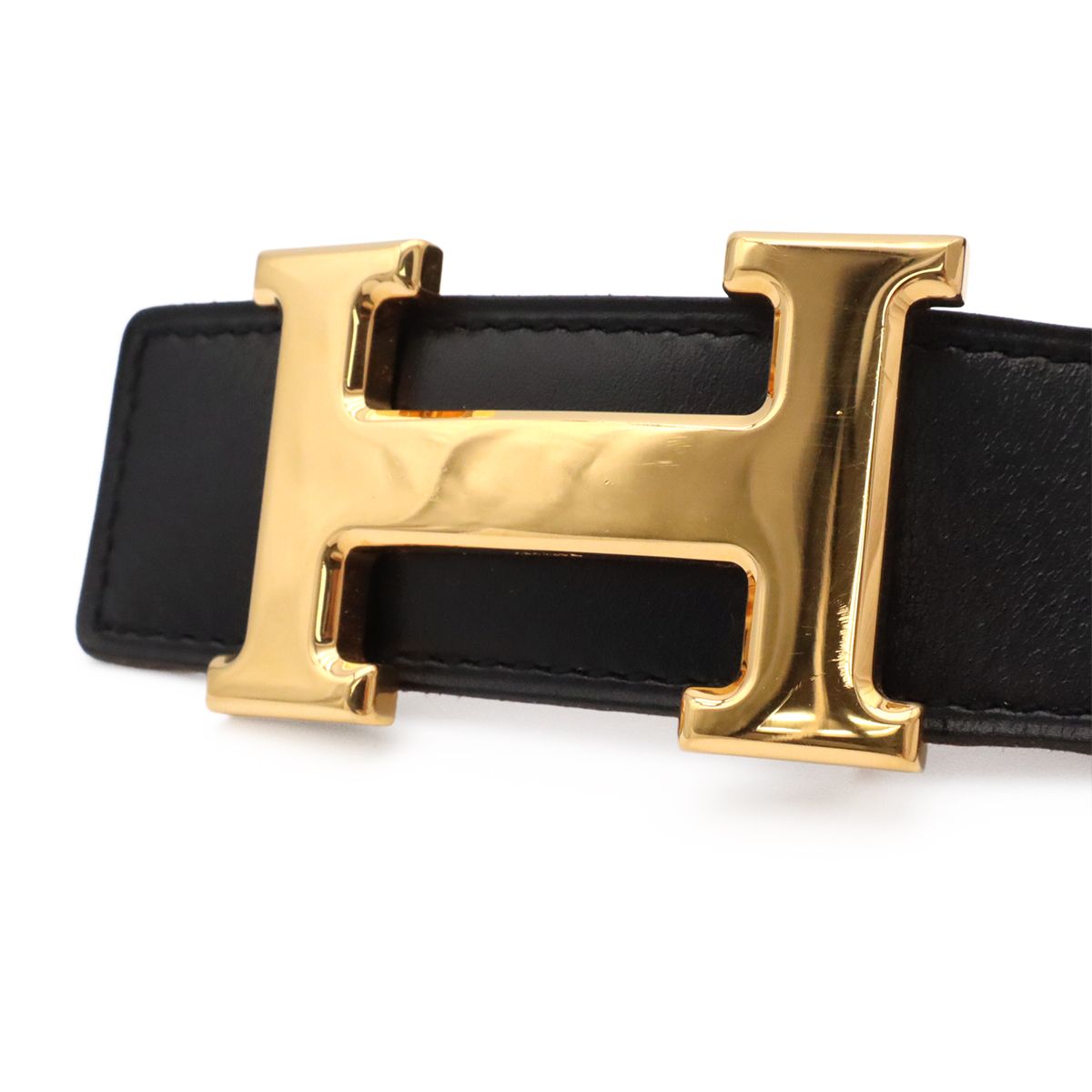 Hermes Belt Buckle Reversible Box Calf Taurillon Clemence Black Gold Brown 95 — view 3