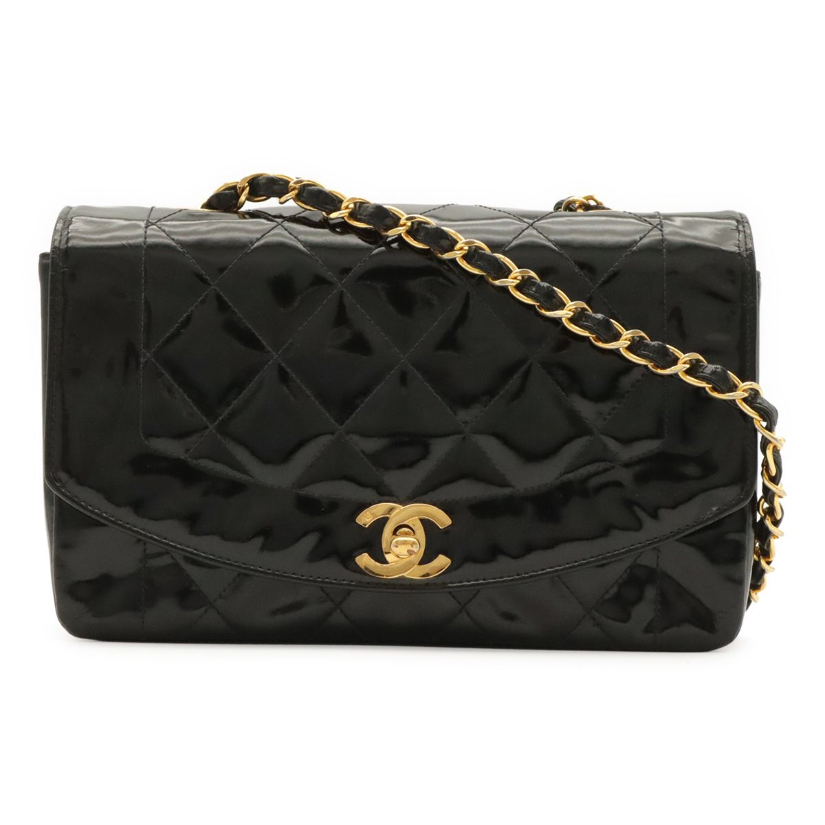 Chanel Diana Quilted CC Logo Chain Shoulder Bag Enamel Lambskin Black Gold