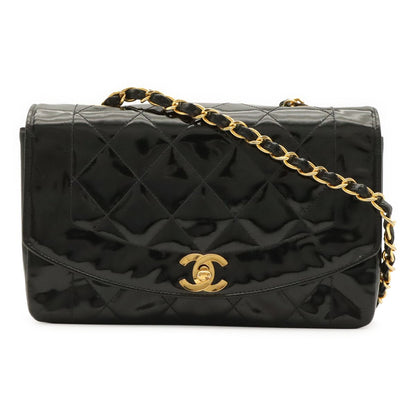 Chanel Diana Quilted CC Logo Chain Shoulder Bag Enamel Lambskin Black Gold