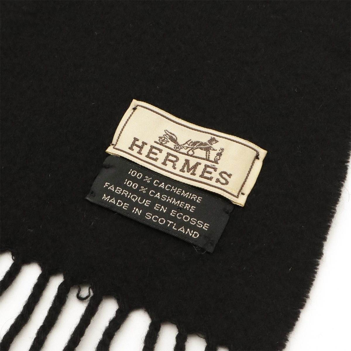 Hermes Scarf Shawl Fringe Logo Embroidery Cashmere Black — view 5