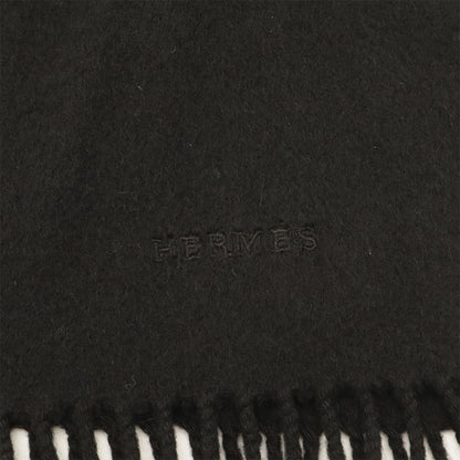Hermes Scarf Shawl Fringe Logo Embroidery Cashmere Black — view 6