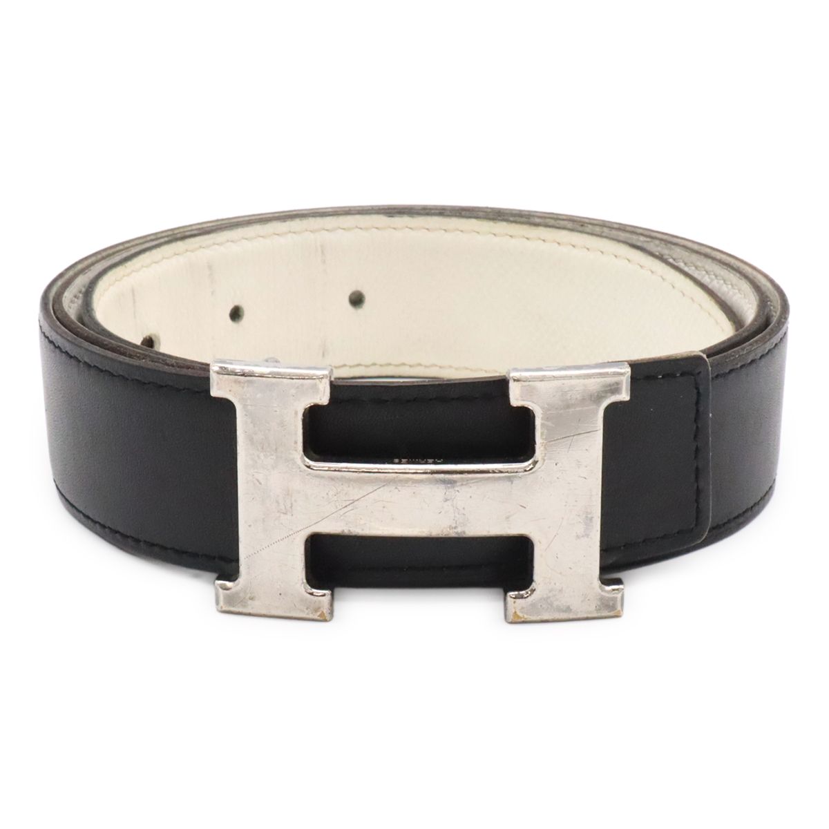 Hermes Belt Buckle Reversible Box Calf Veau Epsom Black White Silver 85