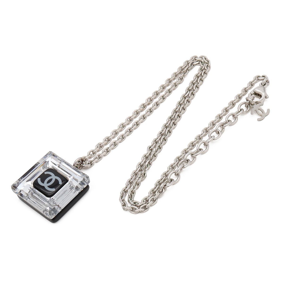 Chanel 05A CC Logo Square Cube Pendant Metal Plastic Silver Clear Black — view 2