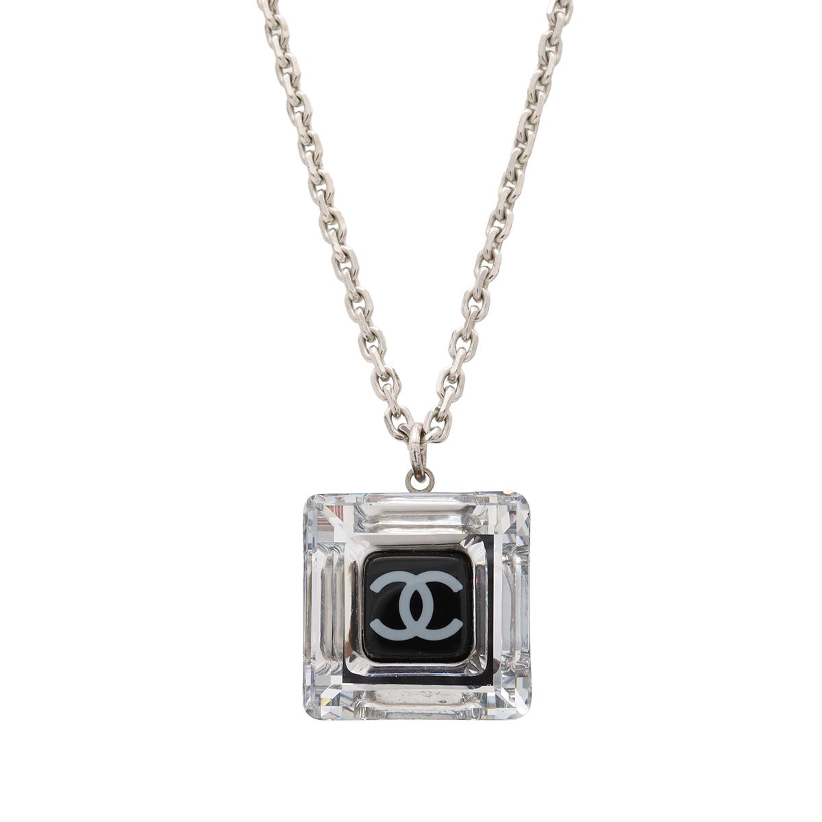 Chanel 05A CC Logo Square Cube Pendant Metal Plastic Silver Clear Black