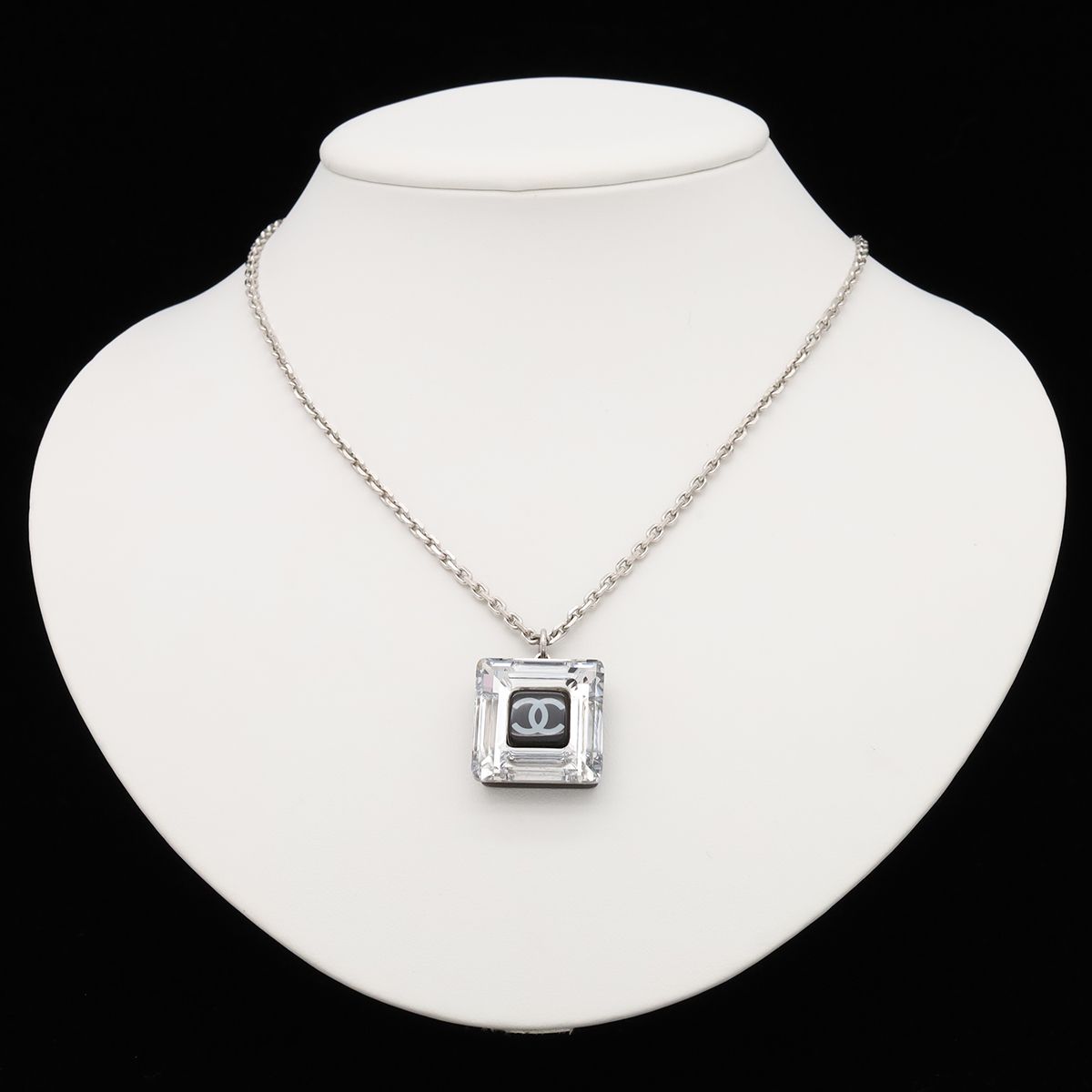 Chanel 05A CC Logo Square Cube Pendant Metal Plastic Silver Clear Black — view 7