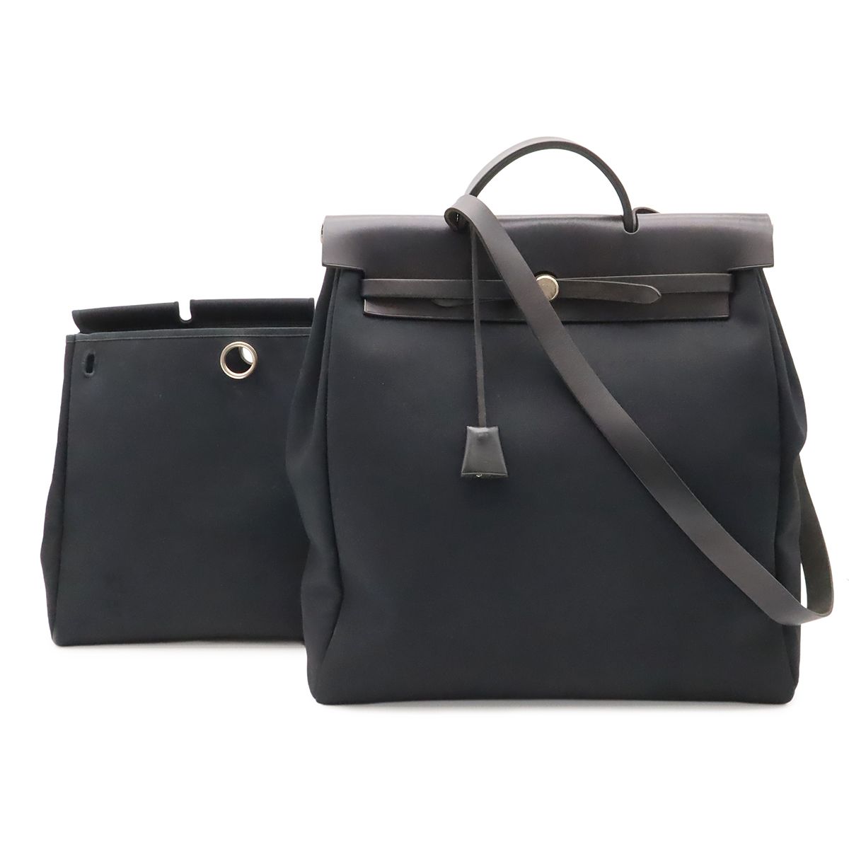 Hermes Herbag MM 2-Way Shoulder Bag Toile Officier Leather Black Silver