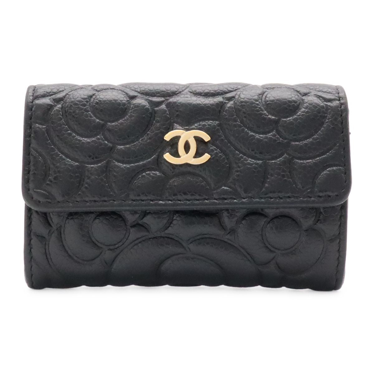 Chanel Camellia Embossed CC Logo Card Case Business Holder Caviar Leather Black