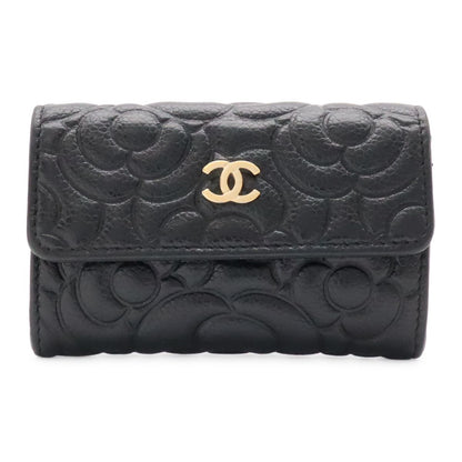 Chanel Camellia Embossed CC Logo Card Case Business Holder Caviar Leather Black
