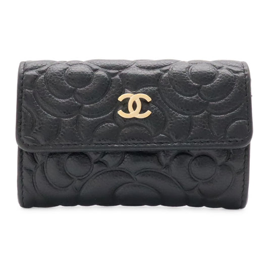 Chanel Camellia Embossed CC Logo Card Case Business Holder Caviar Leather Black
