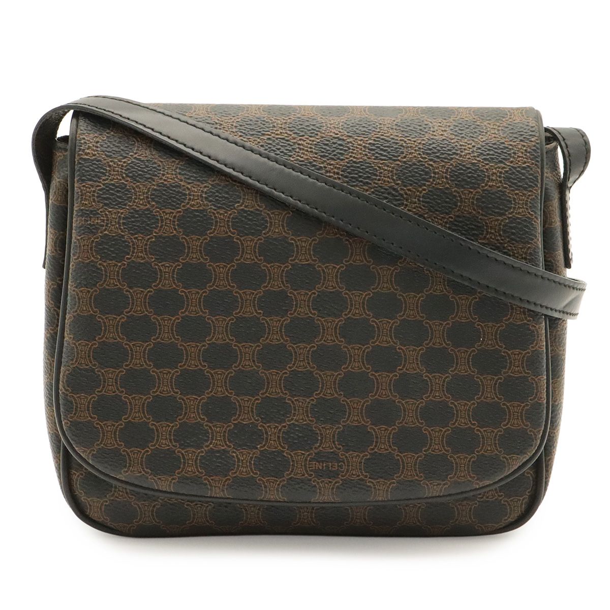 Celine Macadam Pattern Shoulder Bag Pochette Crossbody Leather Black Dark Brown