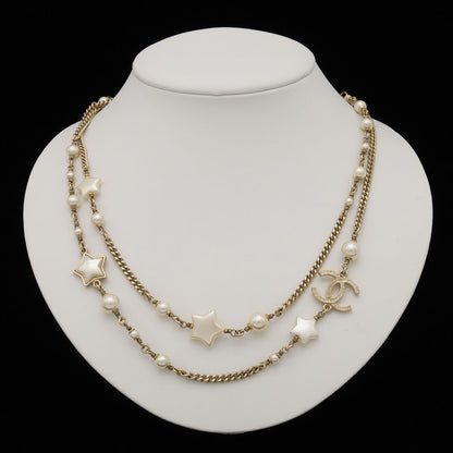 Chanel CC Logo CC Mark Star Double Chain Pendant Faux Pearl Gold White — view 7