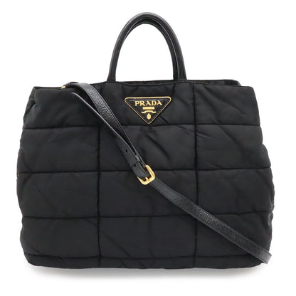 Prada Triangle Logo Tote 2-Way Shoulder Bag Crossbody Quilted Nylon Enamel Nero