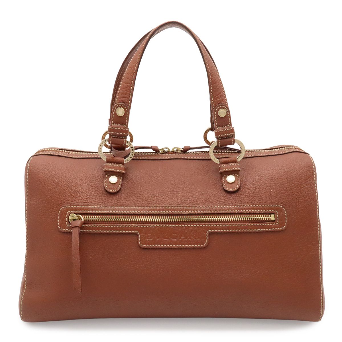 Bvlgari Maxillettare Logo Mania Mini Boston Handbag Leather Brown Gold