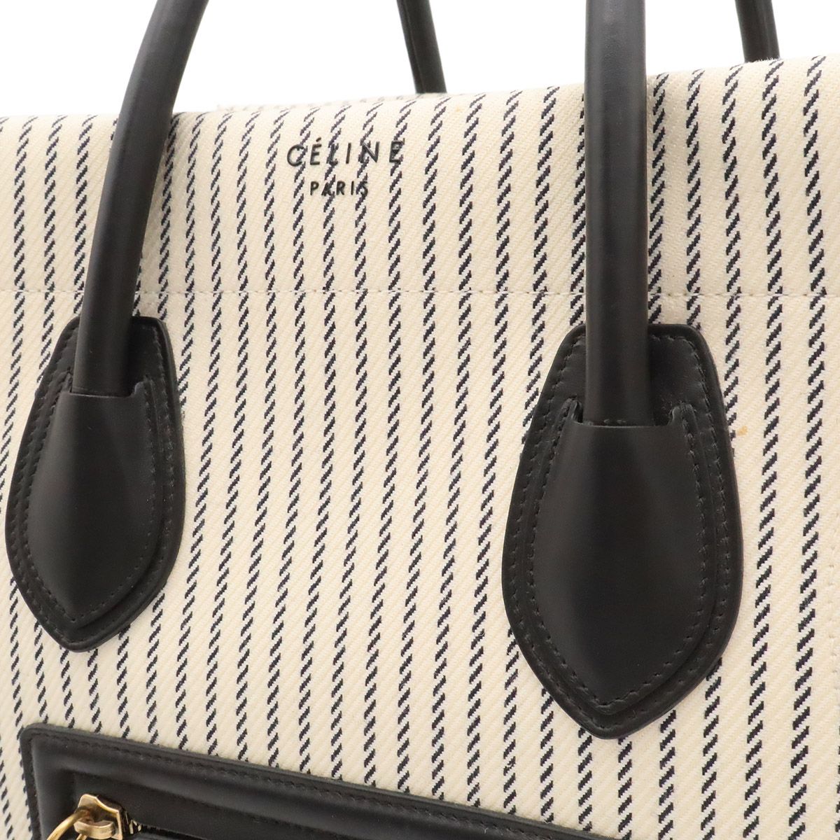 Celine Luggage Phantom Stripe Square Tote Canvas Leather White Navy — view 8