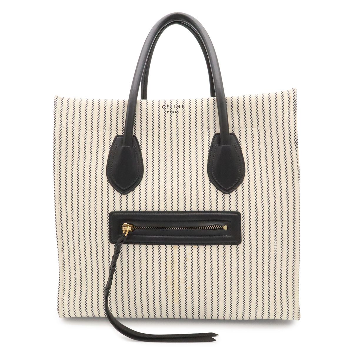 Celine Luggage Phantom Stripe Square Tote Canvas Leather White Navy