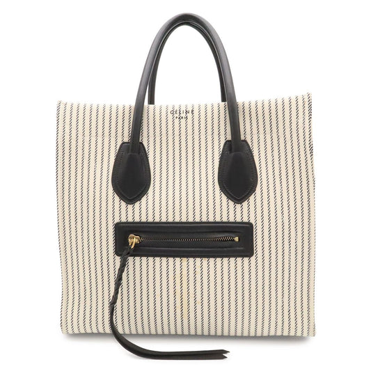 Celine Luggage Phantom Stripe Square Tote Canvas Leather White Navy