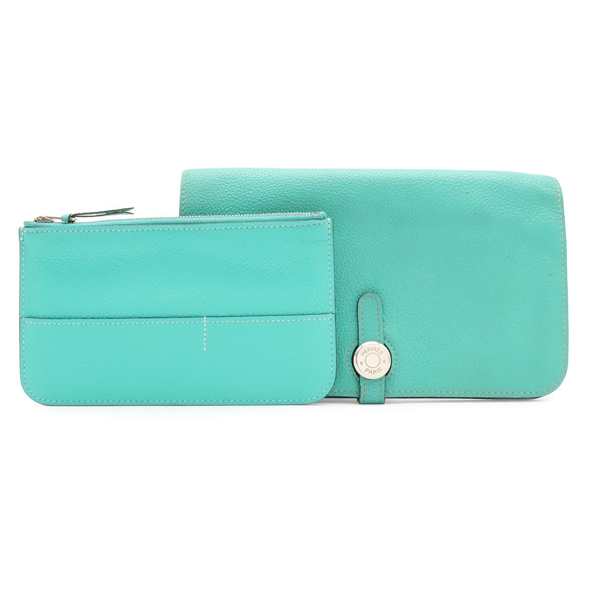 Hermes Dogon Duo GM 2 Fold Wallet 2 Togo Leather Lagon Emerald Green Silver Coin