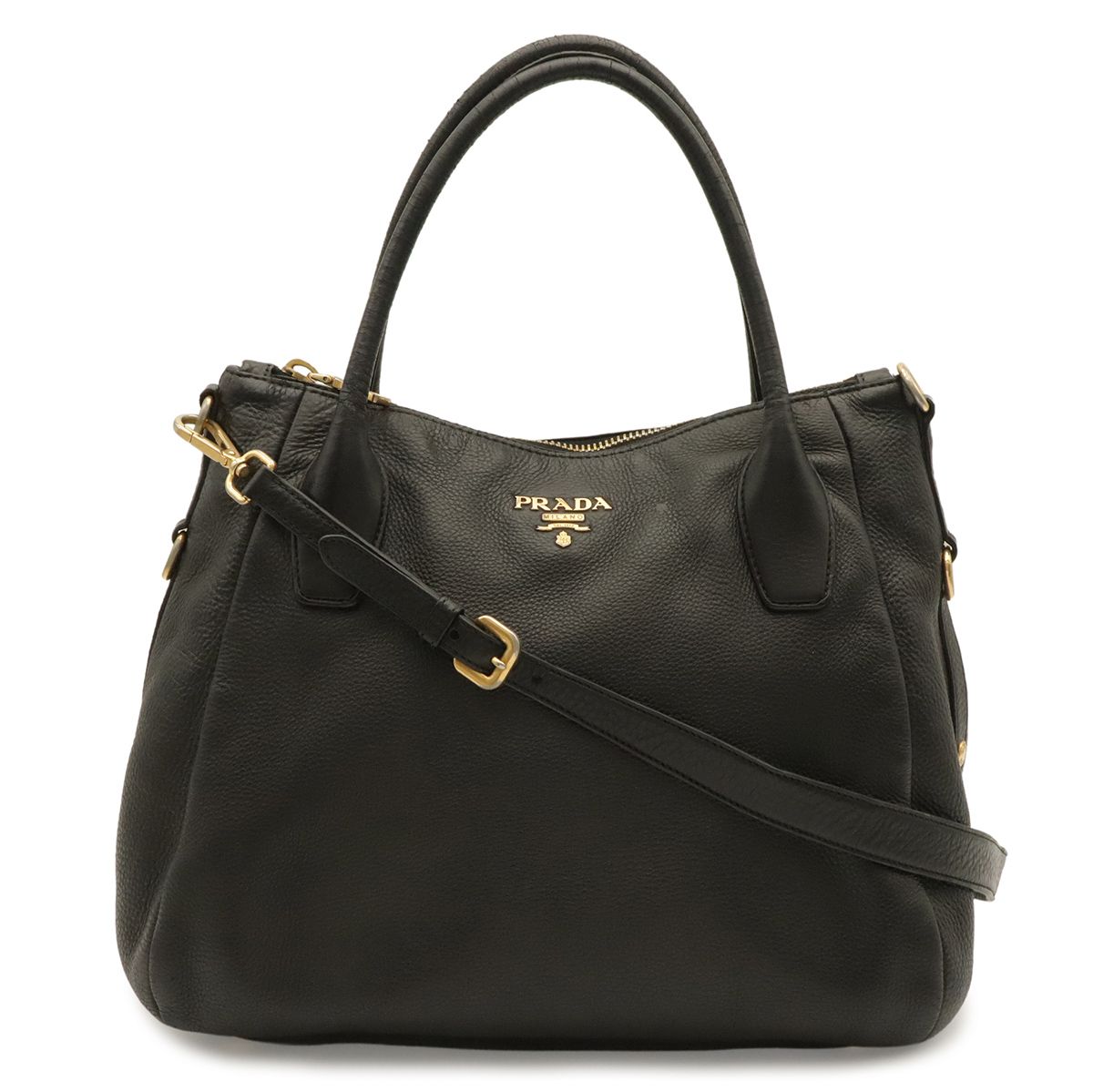Prada Tote Shoulder Bag 2-Way Vitello Daino Soft Leather Nero Black Gold