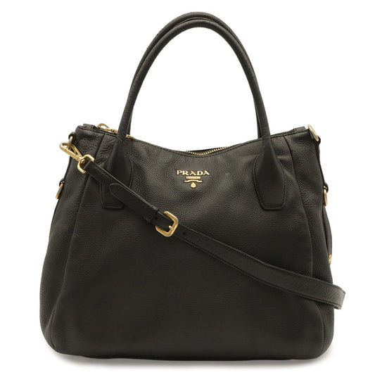 Prada Tote Shoulder Bag 2-Way Vitello Daino Soft Leather Nero Black Gold