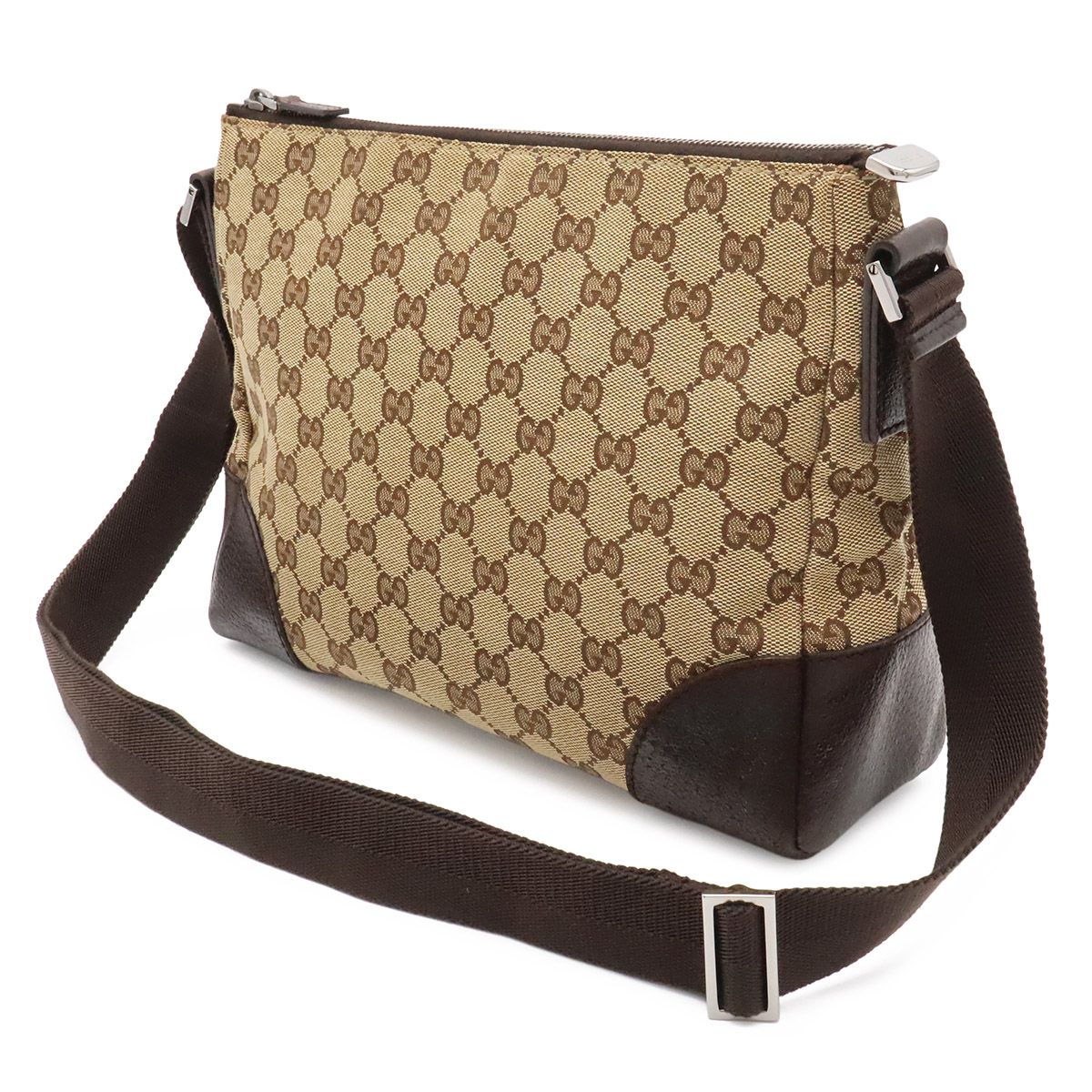 Gucci GG Canvas Shoulder Bag Crossbody Leather Khaki Beige Dark Brown — view 2