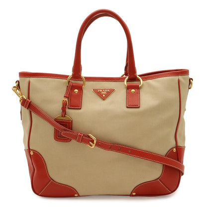 Prada Triangle Logo Tote 2-Way Shoulder Bag Crossbody Canvas Leather Beige