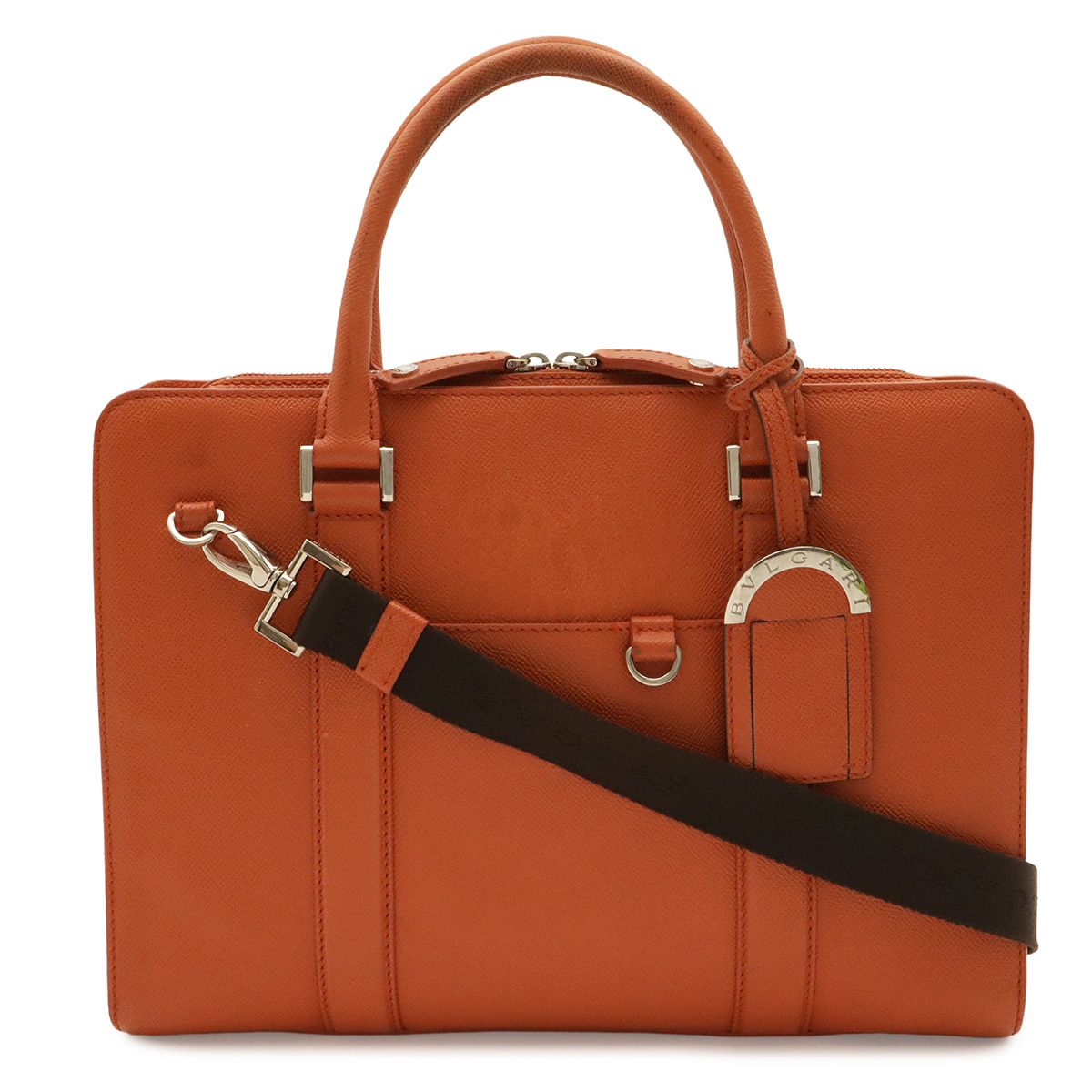 Bvlgari Man Business Briefcase Documents Purse Leather Orange Silver