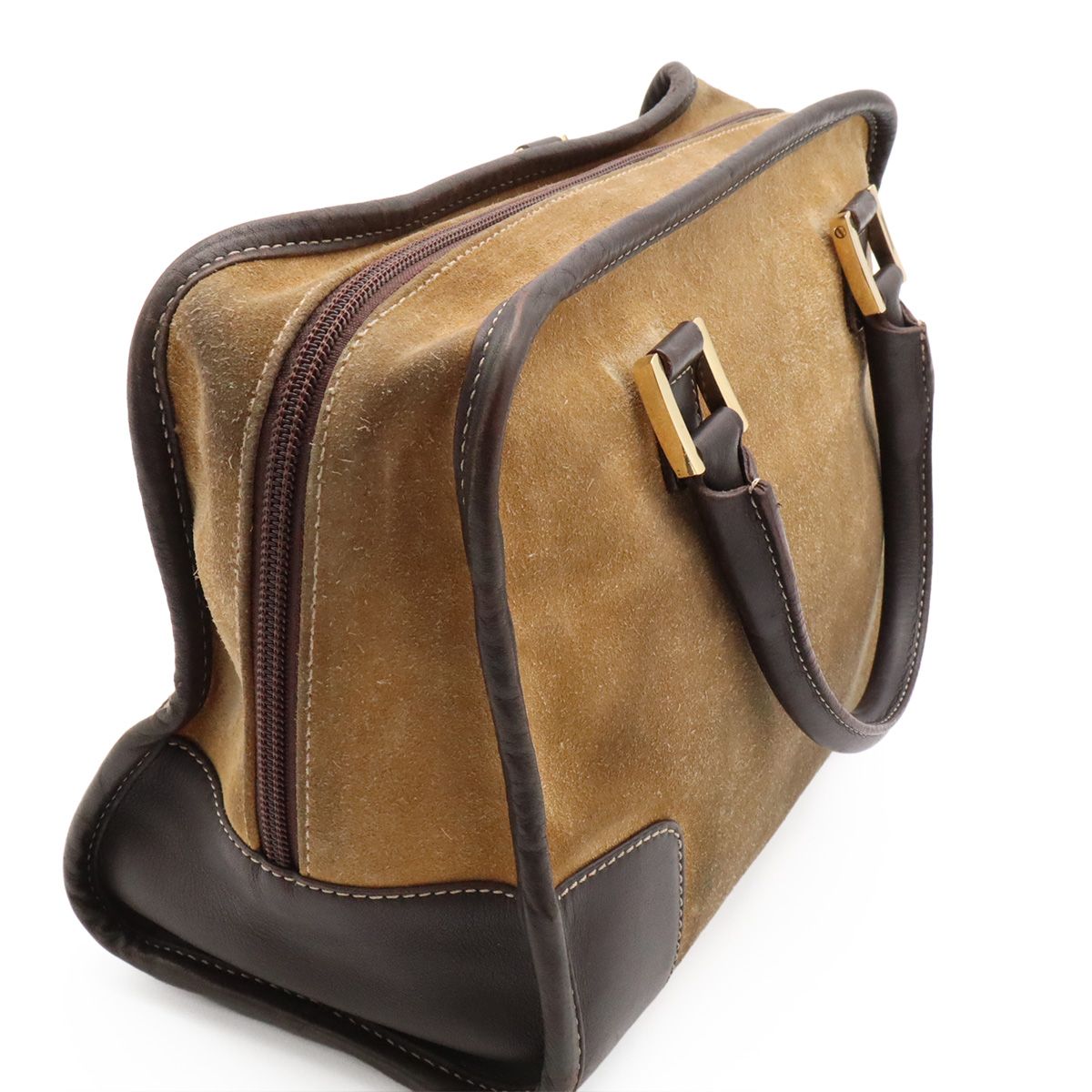 Loewe Amazona 27 Mini Boston Bag Suede Leather Beige Dark Brown Gold — view 6
