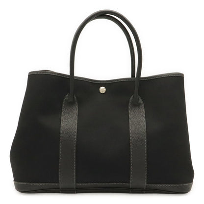 Hermes Garden Party PM Tote Shoulder Bag Toile Officier Leather Black