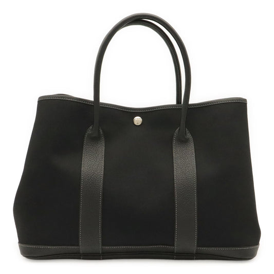 Hermes Garden Party PM Tote Shoulder Bag Toile Officier Leather Black
