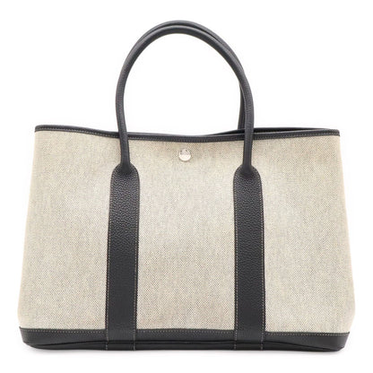 Hermes Garden Party PM Bolduc Ribbon Tote Toile Ash Leather Gray Black