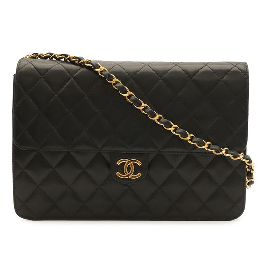 Chanel Quilted CC Logo Chain Shoulder Bag Lambskin Leather Black Gold
