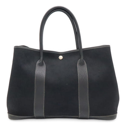 Hermes Garden Party PM Tote Shoulder Bag Toile Officier Leather Black